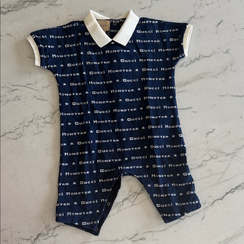 Gucci Navy Blue One-Piece Romper with White Collar